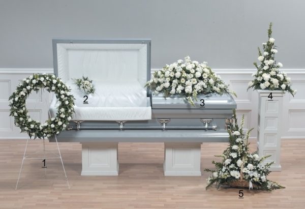Purity Casket Spray, all white flower sympathy arrangement.
