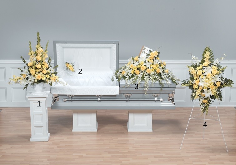 Yellow & White Open Casket Tribute with Orchids