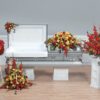 Red and Yellow open casket tribute for a man or woman