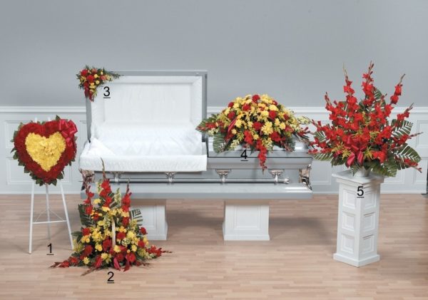 Red and Yellow open casket tribute for a man or woman