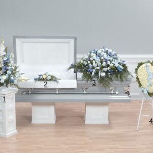 Blue and White funeral floral arrangement