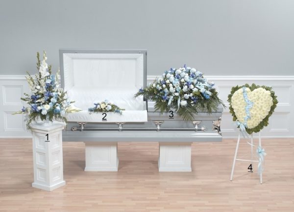 Blue and White funeral floral arrangement