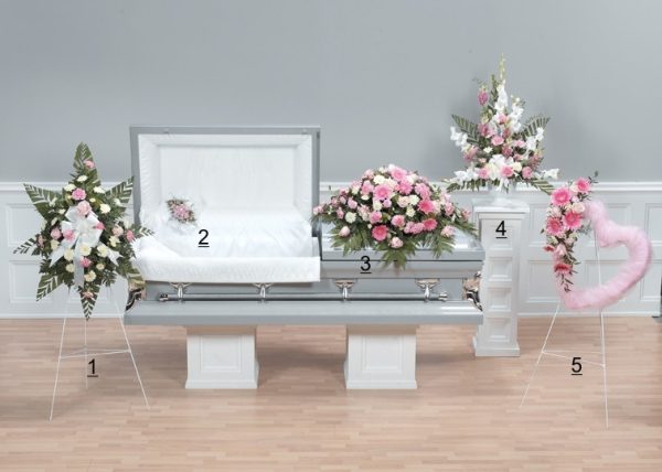 Innocence pink and white standing spray tribute