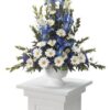 Elegant blue Iris and cheerful white daisy arrangement
