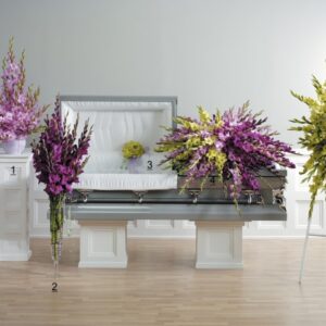 Elegant Gladiolus Tribute shown open casket