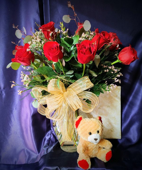 1-26  "Lovely" Dozen Roses "CHOOSE COLOR" Chocolate & Bear