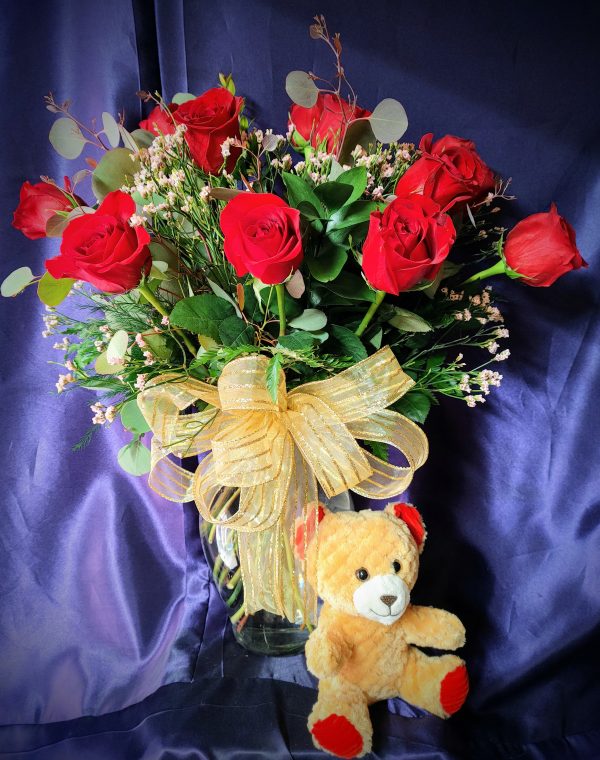 1-27 "Darling" Dozen Roses "CHOOSE COLOR" with bear